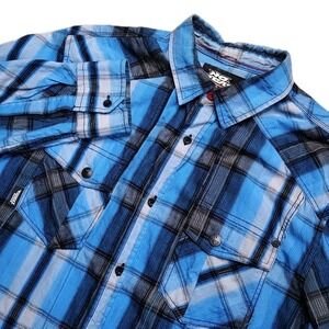 Vintage No Fear Shirt Mens Medium‎ Black Blue Plaid Y2K Skater Grunge Rockabilly